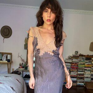 Vintage Silk Hand-Dyed Lace Maxi Slip Dress